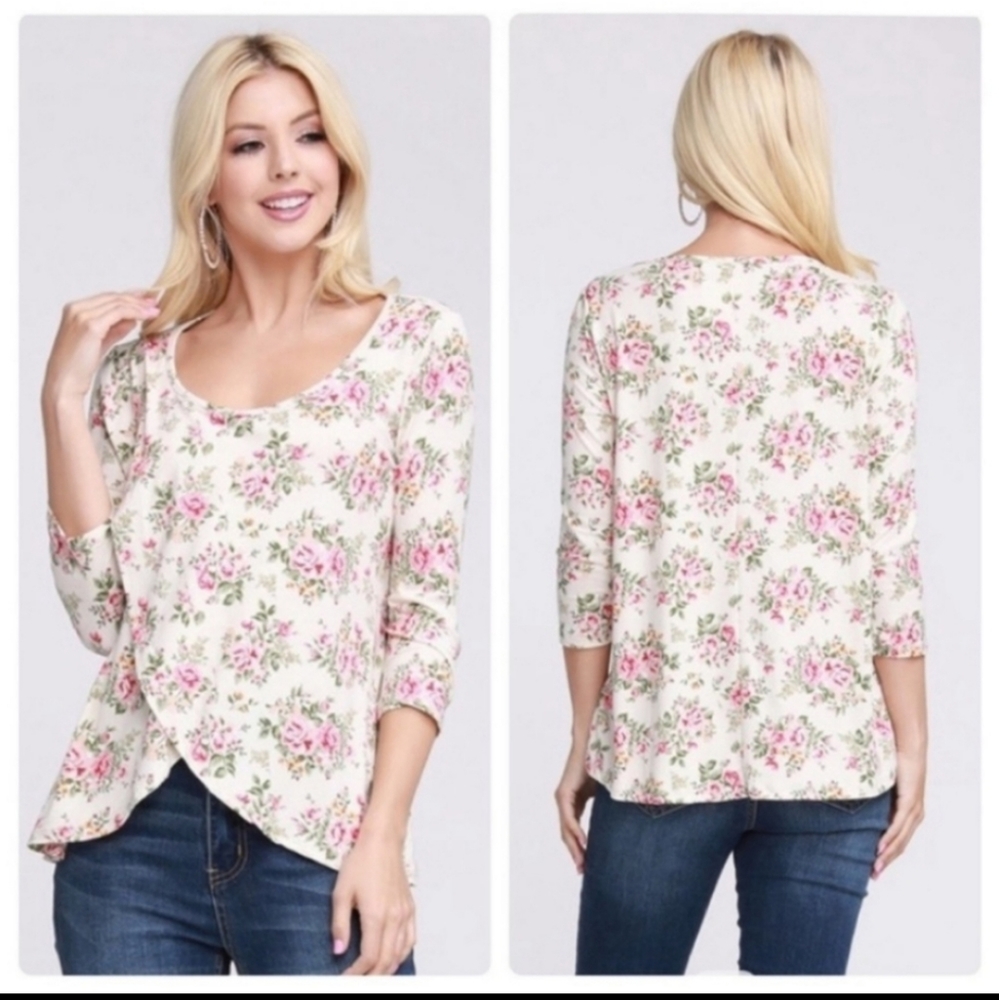 Doubleju Ivory 3/4 Sleeve Floral Blouse M NWT